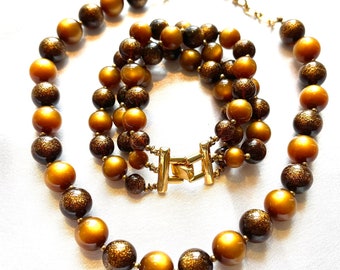 Crown Trifari Signed Brown Moonglow Necklace and Bracelet Set/Demi-Parure