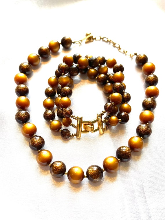 Crown Trifari Signed Brown Moonglow Necklace and … - image 1