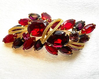 Vintage Domed Red and Purple Gold Tone Statement Brooch
