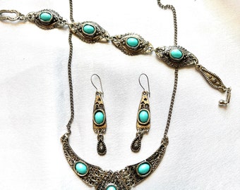 Vintage Small Silver Tone and Faux Turquoise Necklace Bracelet and Pierced Earring Set/ Demi-Parure