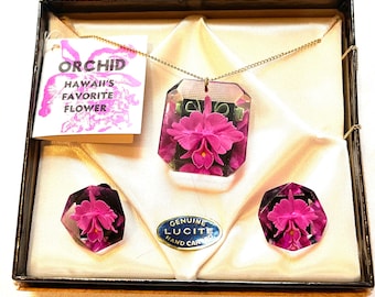 Hawaiian Lucite Pink Orchids Necklace and Earrings in Original Box