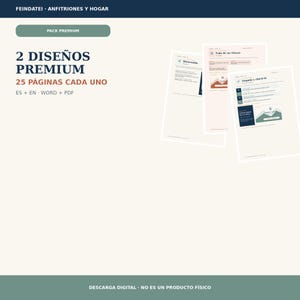 Puede incluir: Un conjunto de documentos digitales con dos diseños premium de 25 páginas cada uno, disponibles en español e inglés en formato Word y PDF. La imagen muestra el texto FEINDATEI ANFITRIONES Y HOGAR, PACK PREMIUM, 2 DISEÑOS PREMIUM y 25 PÁGINAS CADA UNO.