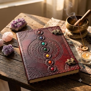 May include: A dark brown leather journal featuring an embossed mandala pattern and seven colorful inlaid stones arranged vertically. The journal is secured with a brass-colored metal latch and is surrounded by amethyst clusters, a rose quartz, a brass bowl, and a lit candle.