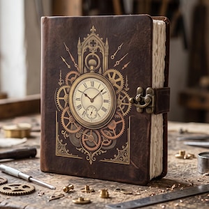 May include: A dark brown leather-bound journal featuring a gold-toned clock face and intricate gear illustrations on the front cover. The book is secured with a metal latch and contains thick, textured paper pages with deckled edges.