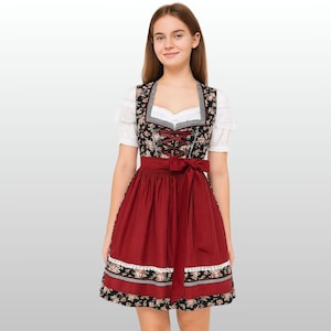 Women’s Oktoberfest Dirndl – Floral Black Bodice Deep Red Apron & White Blouse – Traditional Bavarian Festival Dress German Beerfest Costume