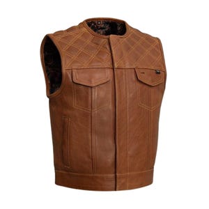 Men’s Brown Leather Biker Vest, Motorcycle Club Vest, Genuine Cowhide Riding Vest, Quilted Leather Sleeveless Jacket, Western Style Vest