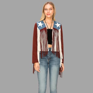 Giacca in pelle scamosciata rossa vintage con frange da donna - Cappotto con frange in stile western, elegante giacca in pelle scamosciata retrò per lei, GIF per lei