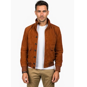 Men’s Brown Suede Bomber Jacket | Vintage Style Leather Jacket | Classic Button-Up Outerwear | Handmade Winter Fashion