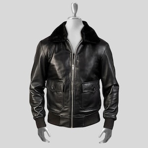 Black Bomber Leather Jacket – Handmade G-1 Aviator Flight Coat with Fur Collar, Vintage Military Pilot Style Outerwear | Gift for him