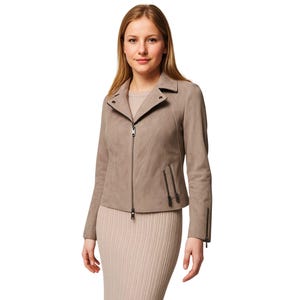 Taupe Suede Leather Moto Jacket for Women, Fitted Biker Style Coat with Zipper Pockets, Soft Real Suede Outerwear for Fall & Winter Fashion