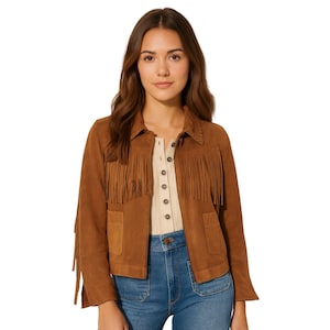 Braune Wildleder-Fransenjacke für Damen - Western Boho-Ledermantel mit Quastenärmeln und aufgesetzten Taschen