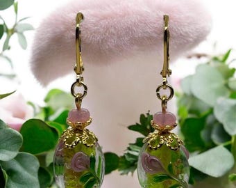 Handmade Murano Lampwork Earrings – Pink Lilac Roses, Green Floral Glass, 18ct Gold Leverbacks