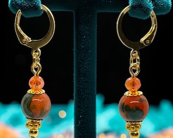 Rain Flower Stone Drop Earrings – Orange Teal Mint, Gold Leverback, Showgirl Statement