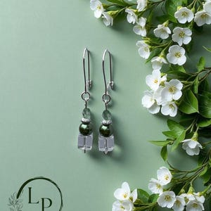 Pearlescent Green Beaded Drop Earrings: Sterling Silver Boho Dangles