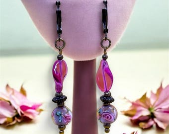 Violet Murano Glass Earrings | Fuchsia Czech Glass, Bronze Dangles