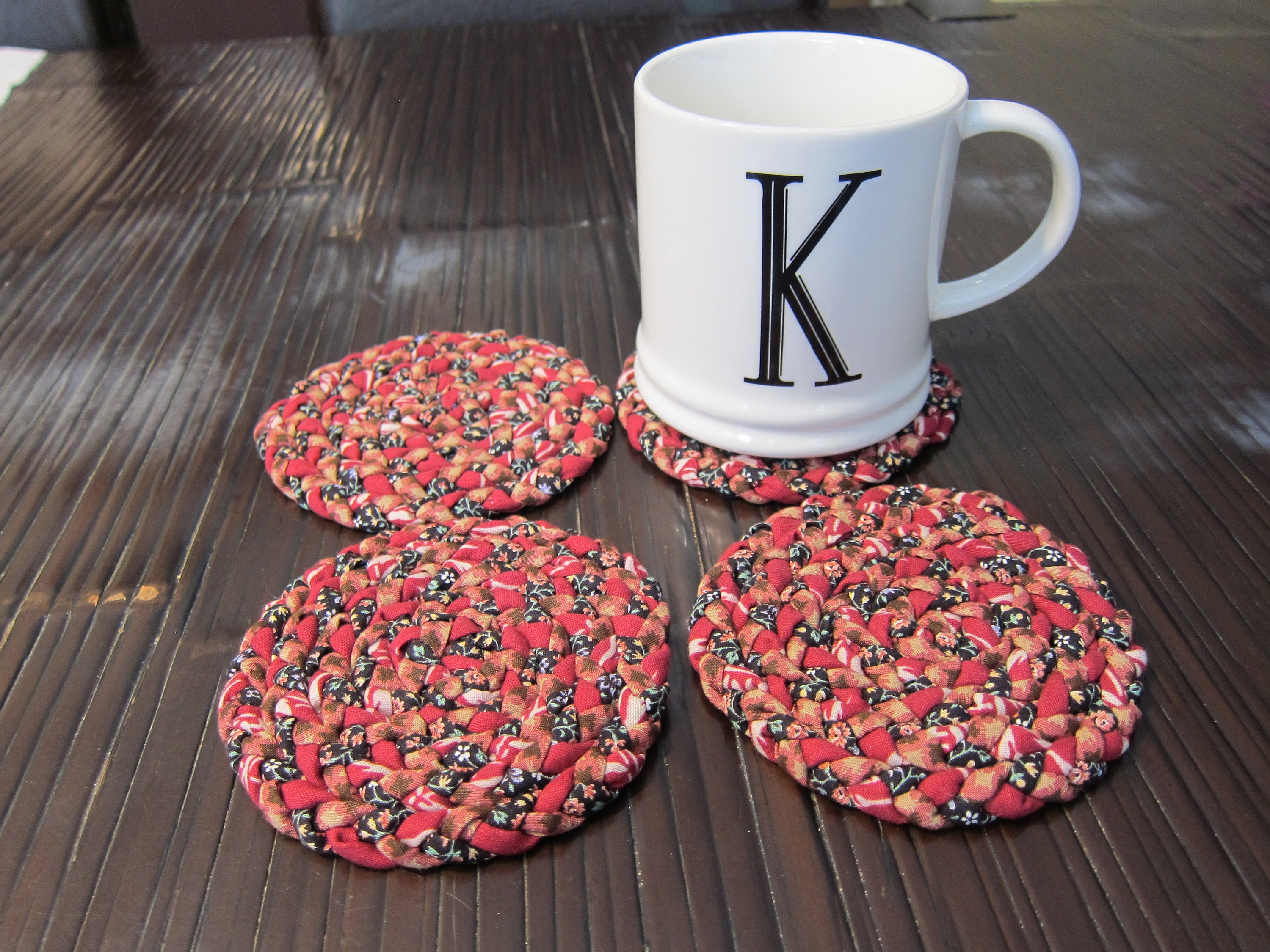 Set of 4 braided rug Coasters Mug Mats in red black and tan Etsy