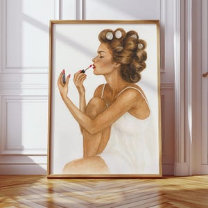 Girly Art Print Chic, Lipgloss and Curlers Elegant Beauty Print Trendy Poster Illustration Retro Coquette Wall Art