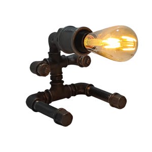 Industrial Pipe Man Lamp – Handmade Steampunk Desk Light – Sitting Robot Table Lamp