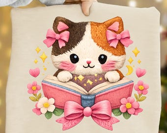 Crochet Cat Reading Book PNG, Faux Yarn Amigurumi Style Clipart, Kawaii Kitten Illustration, Nursery Wall Art Digital