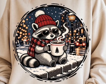 Procione invernale PNG, Bevi caffè caldo, ClipArt natalizia accogliente, Design per sublimazione (Download digitale)
