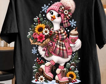 Oca invernale PNG, clipart di caffè freddo, oca rosa di Natale, design per sublimazione, accogliente cottagecore per le vacanze, download digitale.