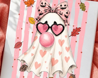 Fantasma rosa di Halloween PNG, design spettrale con occhiali da sole a forma di cuore per ragazza (download digitale)