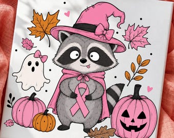 Procione rosa di Halloween PNG, sensibilizzazione sul cancro al seno, clipart di strega e fantasma (download digitale)
