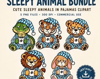 Pacchetto PNG di pigiami con animali assonnati, clipart divertenti di animali stanchi, disegni accoglienti per la sublimazione prima di andare a letto