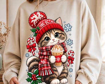 Gatto di Natale PNG, Gattino invernale con caffè freddo, Sciarpa rossa (Download digitale)