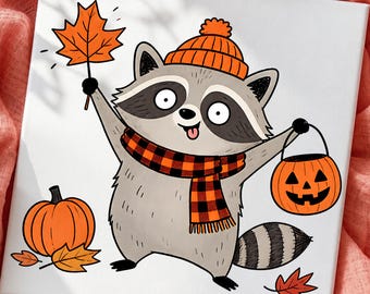 Procione di Halloween PNG, Atmosfera autunnale, Clipart della stagione delle zucche (Download digitale)