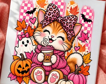 Gatto autunnale PNG, Fiocco leopardato rosa, Caffè alla zucca, Fantasma di Halloween (Download digitale)