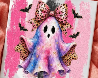 Fantasma rosa di Halloween PNG, fiocco ghepardo retrò civettuolo per sublimazione, download digitale per la stagione spettrale