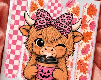 Mucca delle Highlands rosa per Halloween PNG, civetta con fiocco, zucca e caffè Clipart (Download digitale)