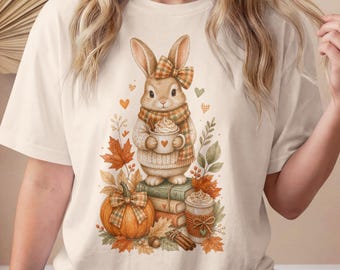 Coniglietto autunnale, zucca e caffè PNG, design autunnale per amanti dei libri e della sublimazione (download digitale)