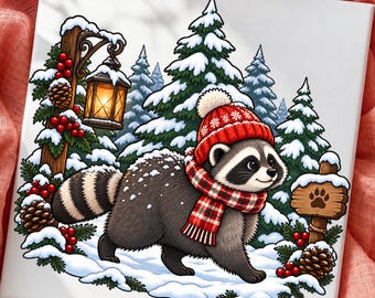 Procione invernale PNG, clipart di animali del bosco natalizi, design per sublimazione a tema foresta accogliente, download digitale