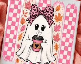 Fantasma rosa di Halloween PNG, fiocco civettuolo, tazza da caffè, foglie autunnali (download digitale)