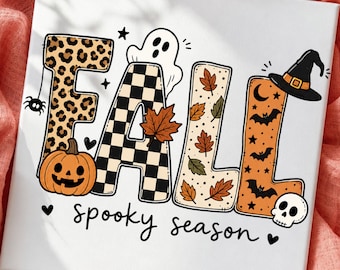 Immagine PNG a tema autunnale spettrale, con zucca e fantasma a scacchi leopardati (download digitale)