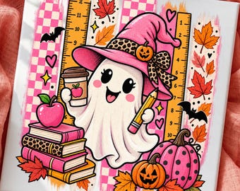 Cappello da strega fantasma rosa PNG, design spettrale con zucca autunnale per il ritorno a scuola (download digitale)