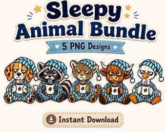 Pacchetto PNG di animali addormentati, clipart per amanti del caffè in pigiama (download digitale)