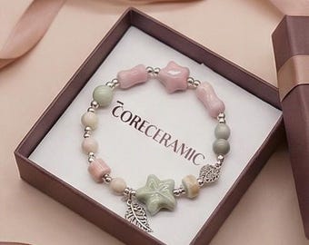 Handmade Ceramic Star & Butterfly Charm Bracelet - Whimsical Pastel Beaded Jewelry