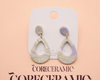Handmade Marbled Polymer Clay Teardrop Earrings – Purple Green Boho Statement Jewelry