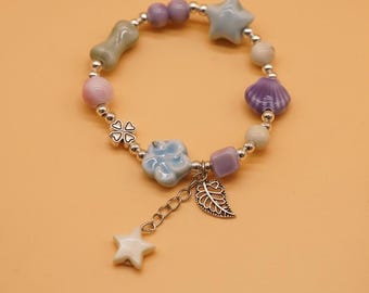 Handmade Ceramic Charm Bracelet – Whimsical Pastel Beaded Jewelry with Star, Shell, Butterfly