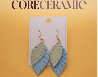 Handmade Ceramic Layered Leaf Earrings - Sage Green & Dusty Blue Porcelain Dangles - Minimalist Nature-Inspired Jewelry