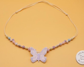 Handmade Ceramic Butterfly Necklace – Pastel Beaded Jewelry, Fairycore Y2K Style
