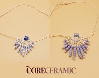 Handcrafted Macramé Necklace – Artisanal Ceramic Beads, Boho Fan Pendant, Cottagecore Jewelry