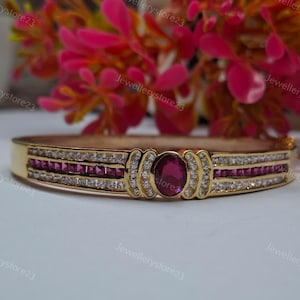 Oval & Princess Cut Ruby Diamond Bangle Bracelet for Women's, 925 Silver, 14K Gold Plated