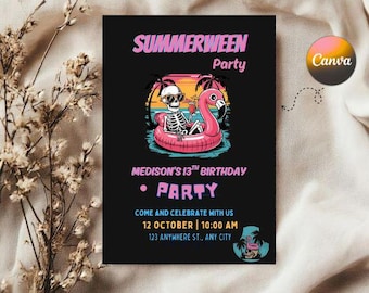 Invitación de cumpleaños de verano / Invitación editable para fiesta fantasma en la piscina / Descarga digital / Celebración de verano espeluznante