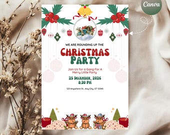 Invito per festa di Natale, festa per bambini, modello per festa delle renne, download digitale Canva