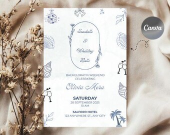 Invitation et itinéraire pour un week-end de célibataire, coquillages et cloches de mariage, 5 x 7 et mobile, fête sur le thème de la plage, toile modifiable, téléchargements numériques