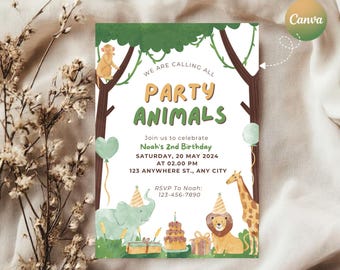 Party Animals Birthday Invitation, Editable Canva Template